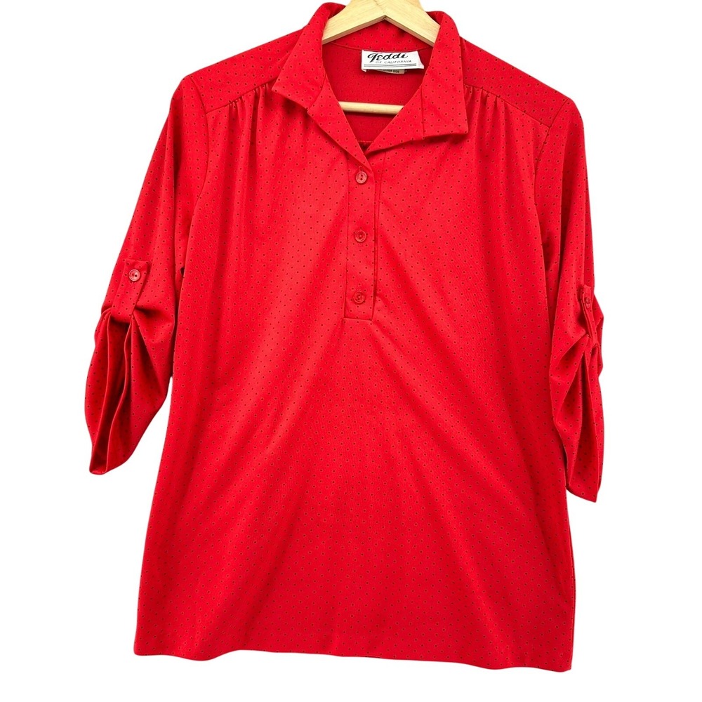 VTG Teddi of California Red Polka Dot 3/4 Sleeve Collared Blouse SZ 10 70s Pinup